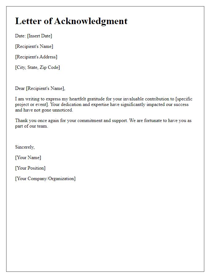 Letter template of acknowledgment for your invaluable contribution