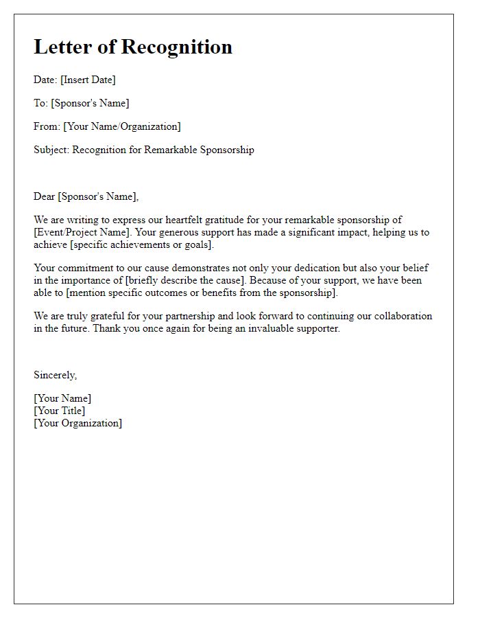 Letter template of recognition for your remarkable sponsorship