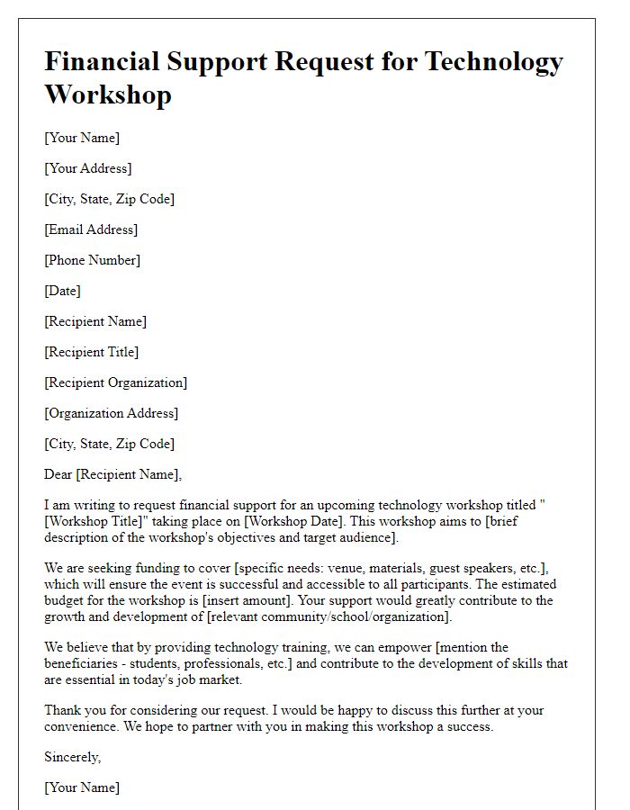 Letter template of financial support request for a technology workshop.