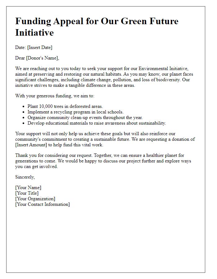 Letter template of funding appeal for an environmental initiative.