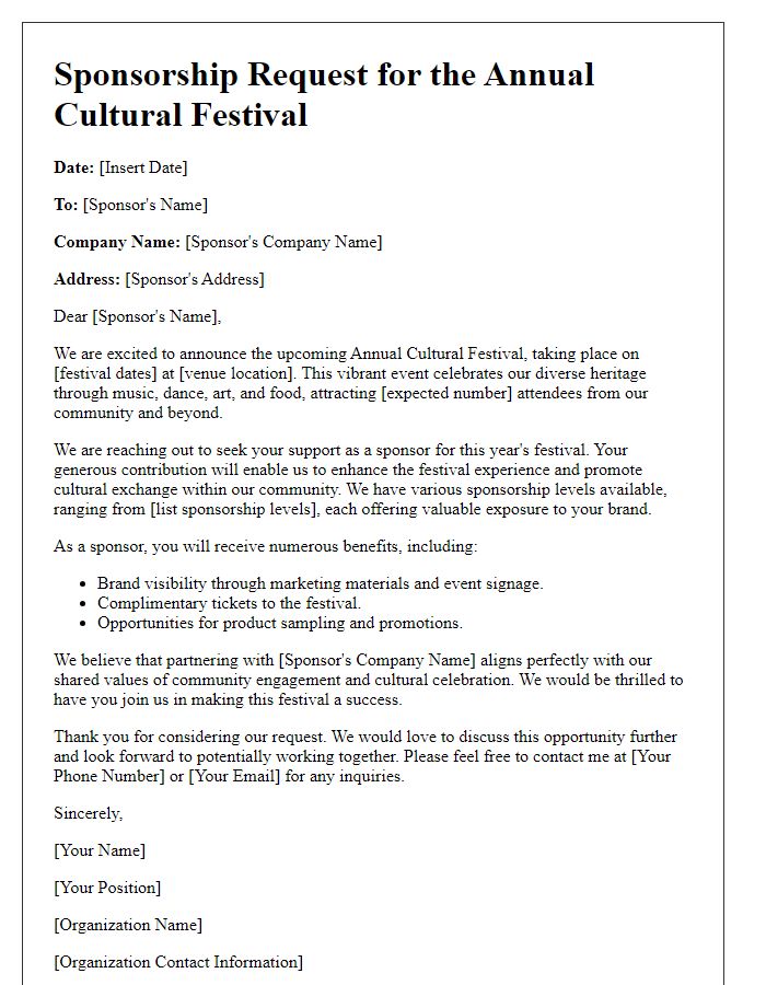 Letter template of sponsorship letter for a cultural festival.