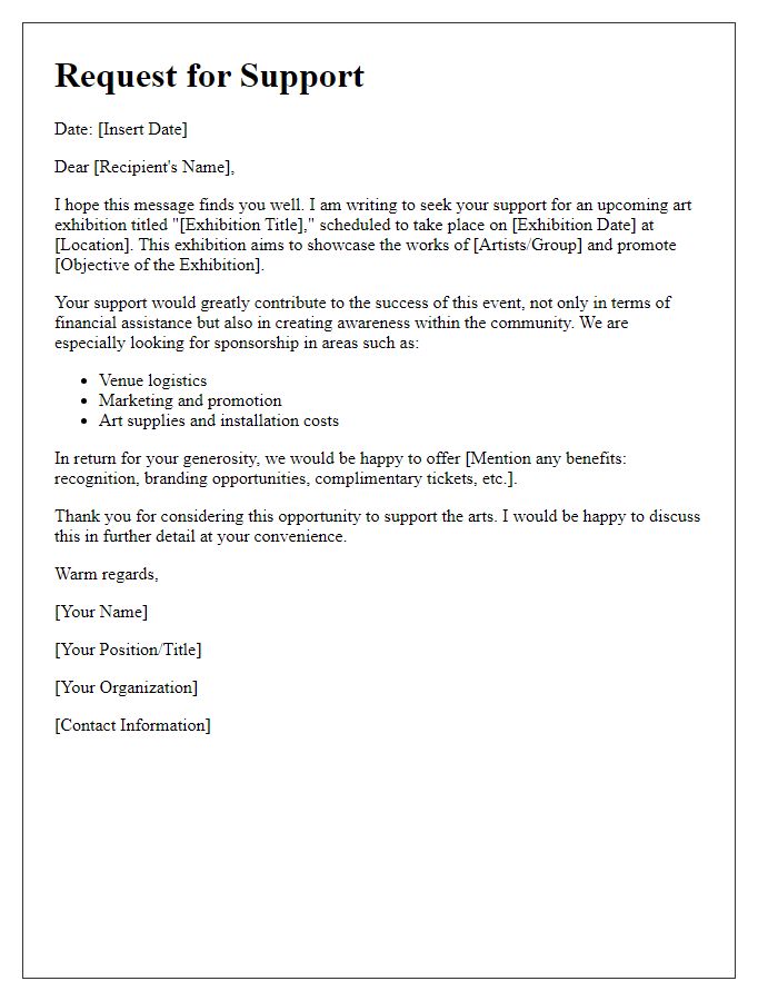 Letter template of support request for an art exhibition.