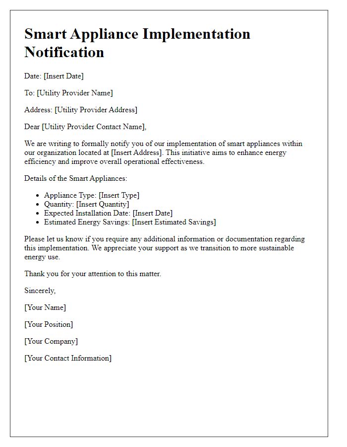 Letter template of Smart Appliance Implementation Notification to Utility Providers