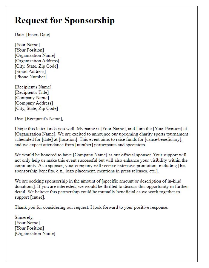 Letter template of sponsorship request for charity sports tournament.