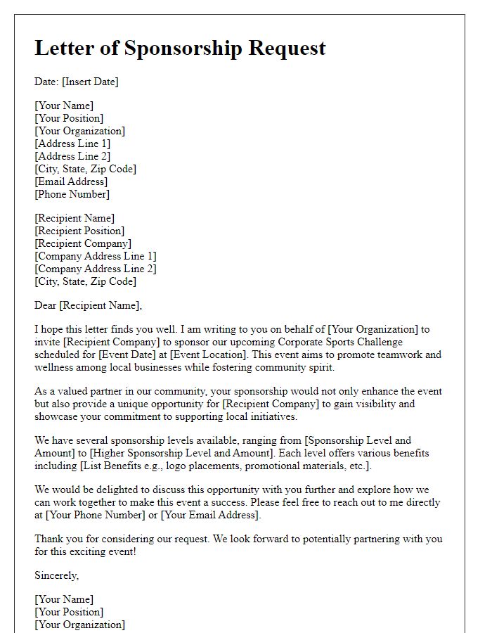 Letter template of sponsorship request for corporate sports challenge.