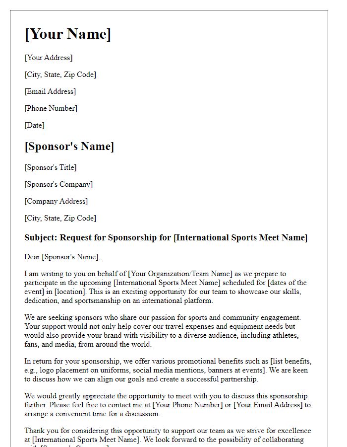 Letter template of sponsorship request for international sports meet.