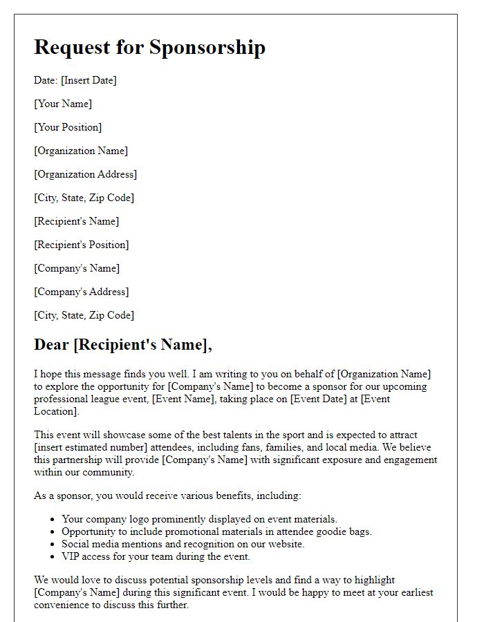 Letter template of sponsorship request for professional league event.