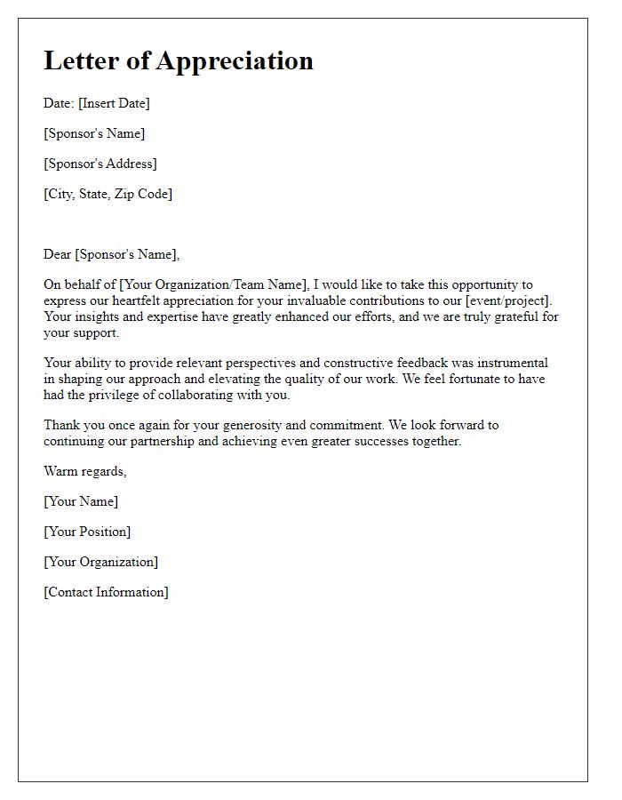 Letter template of appreciation for sponsors insightful contributions.