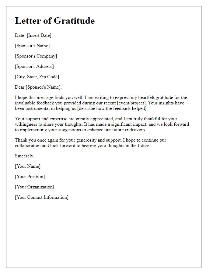 Letter template of gratitude for sponsors invaluable feedback.