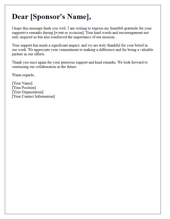 Letter template of gratitude for sponsors supportive remarks.