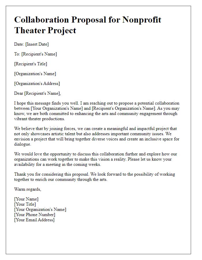 Letter template of collaboration suggestion for nonprofit theater project.