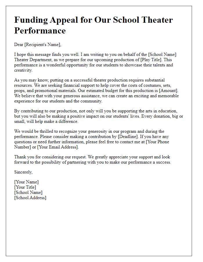 Letter template of funding appeal for school theater performance.