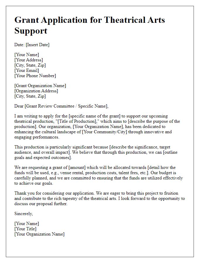 Letter template of grant application for theatrical arts support.