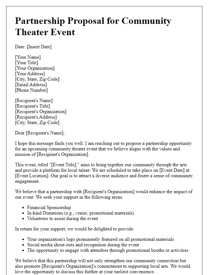 Letter template of partnership proposal for community theater event.