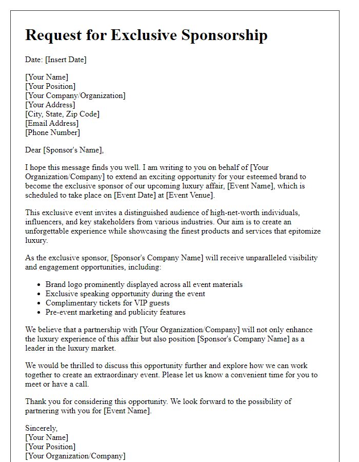 Letter template of request for exclusive sponsorship of a luxury affair.