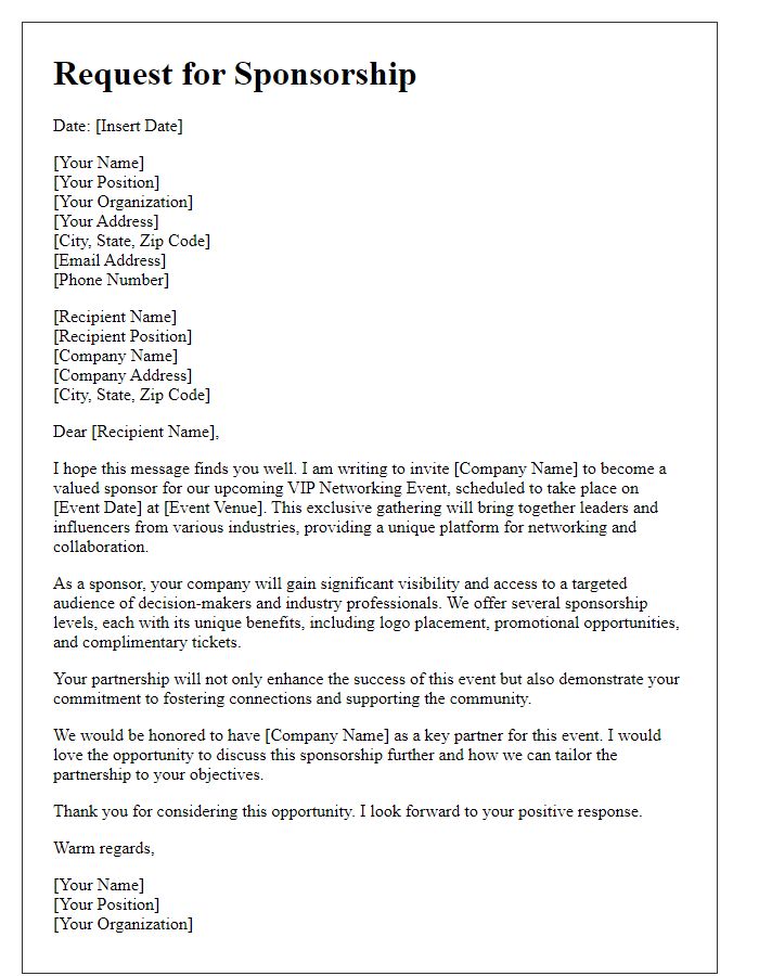 Letter template of request for sponsorship for a VIP networking event.