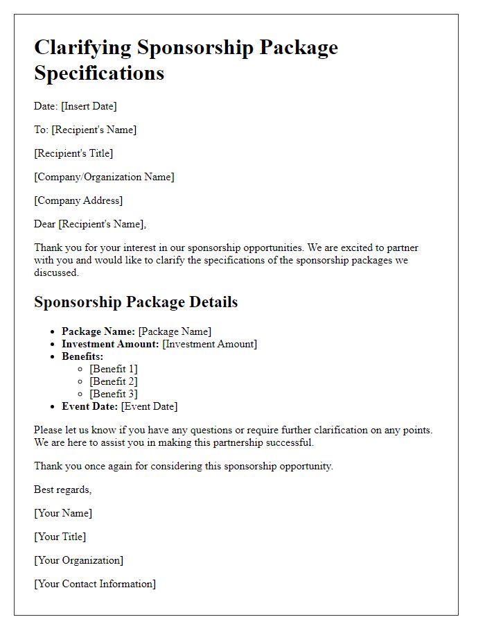 Letter template of Clarifying Sponsorship Package Specifications