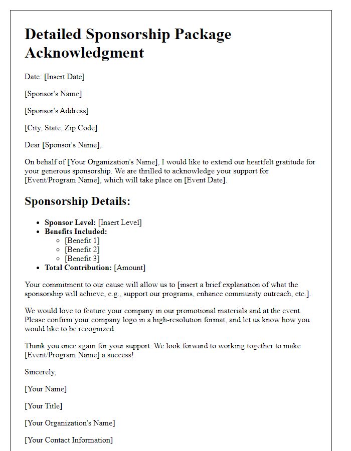 Letter template of Detailed Sponsorship Package Acknowledgment