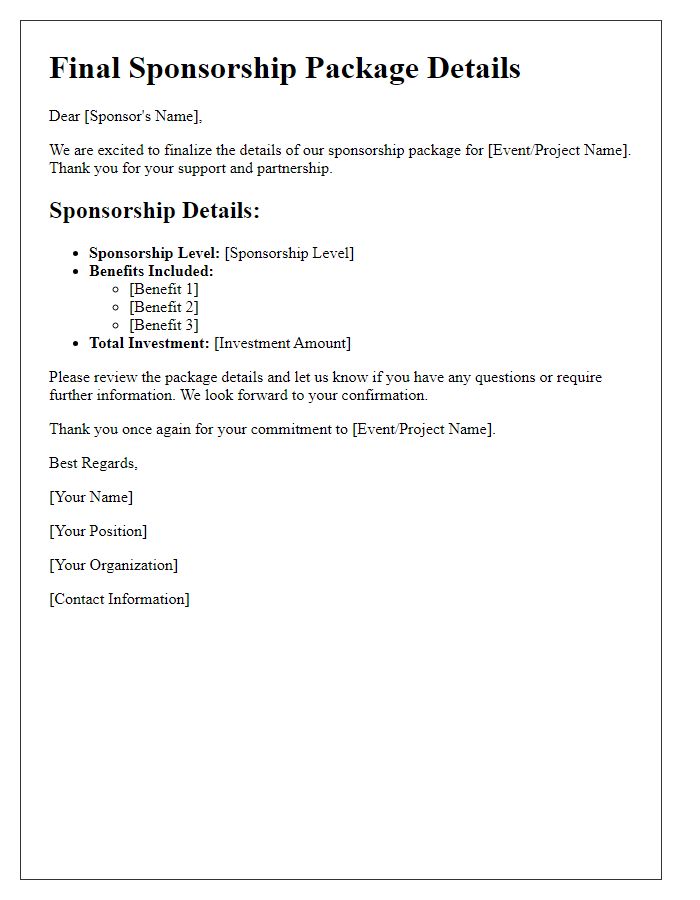 Letter template of Finalizing Sponsorship Package Details