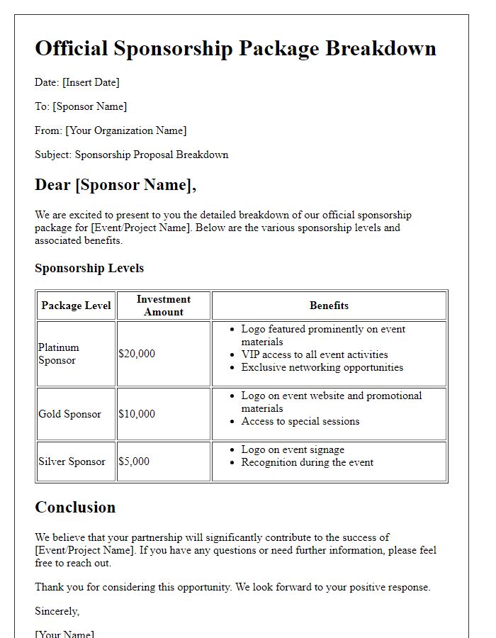 Letter template of Official Sponsorship Package Breakdown