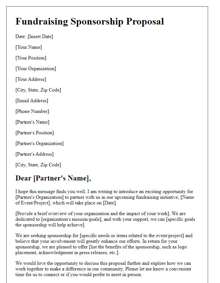 Letter template of fundraising sponsorship proposal to potential partners