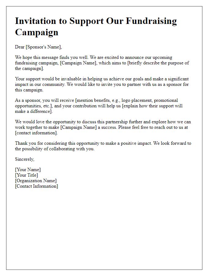 Letter template of invitation for sponsors to support a fundraising campaign