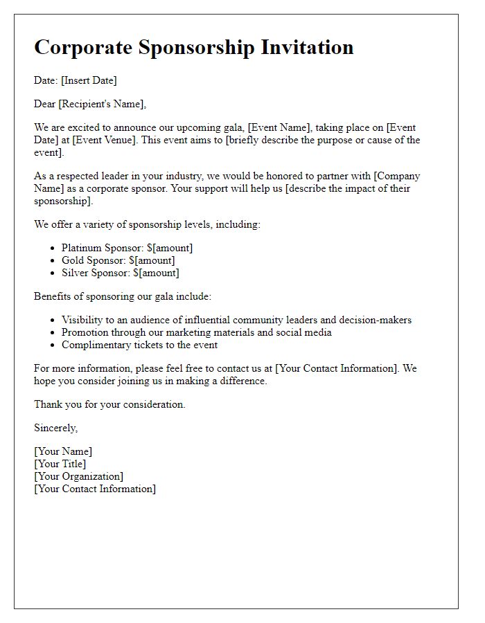 Letter template of corporate sponsorship invitation for gala