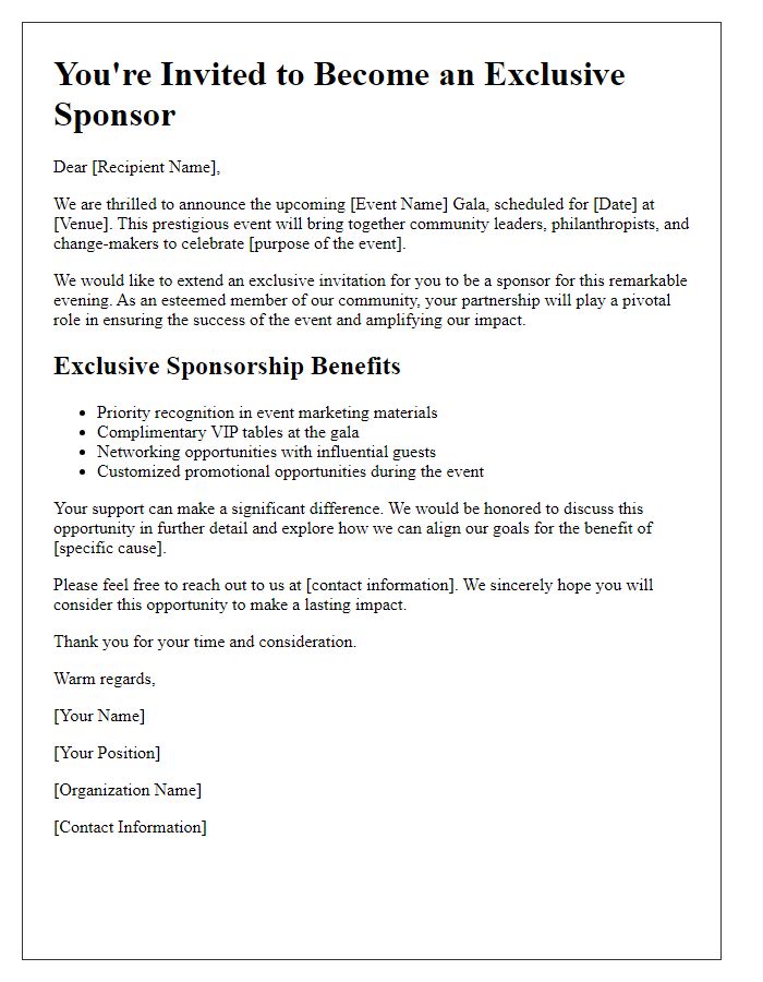 Letter template of exclusive sponsorship invitation for gala