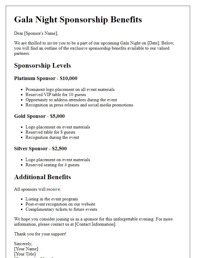 Letter template of sponsorship benefits outline for gala night