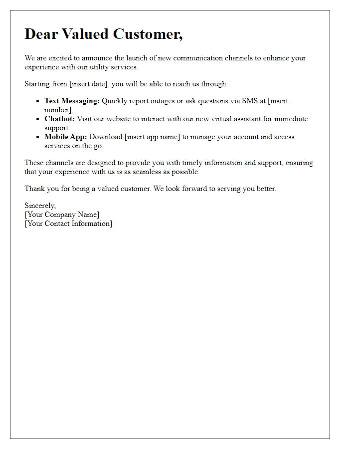 Letter template of New Communication Channels for Utility Customers