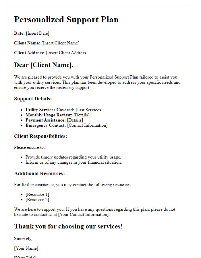 Letter template of Personalized Support Plan for Utility Clients