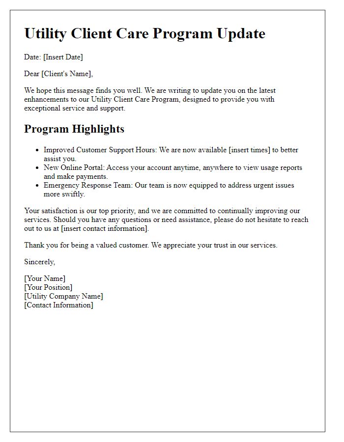 Letter template of Utility Client Care Program Update