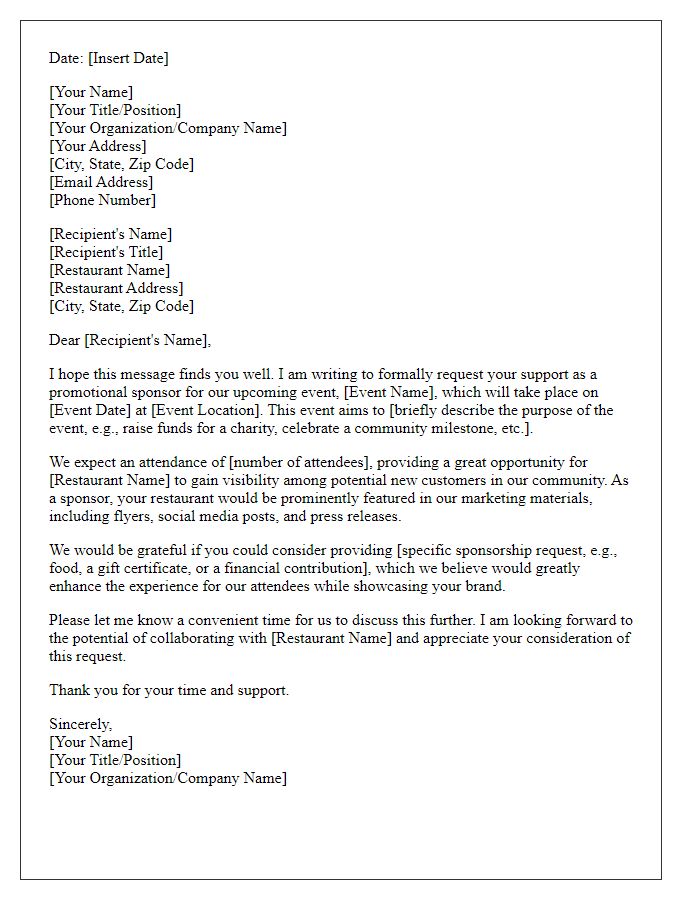 Letter template of formal request for restaurant promotional sponsorship.