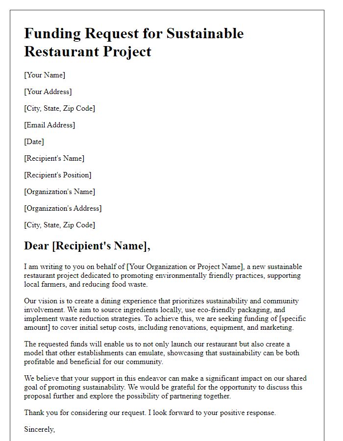 Letter template of funding request for a sustainable restaurant project.