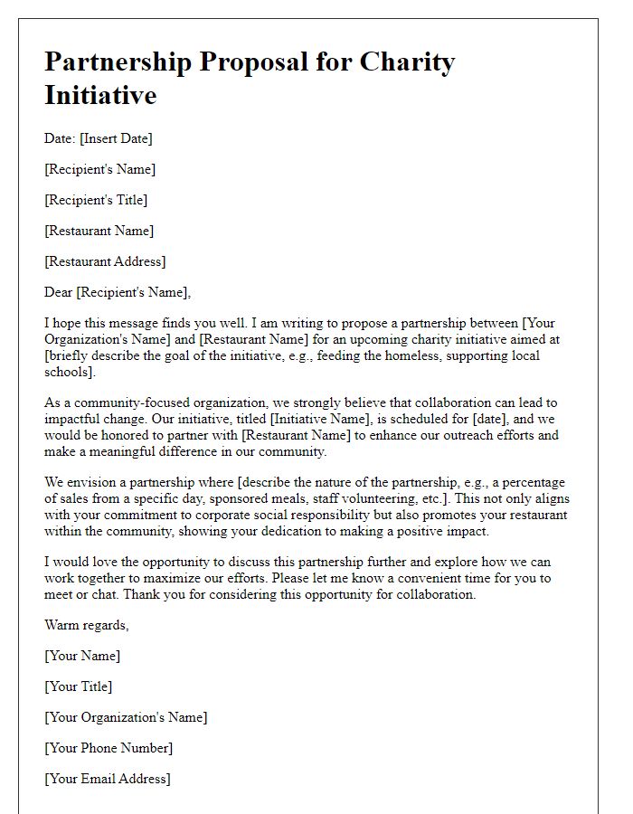 Letter template of partnership proposal for a restaurant charity initiative.