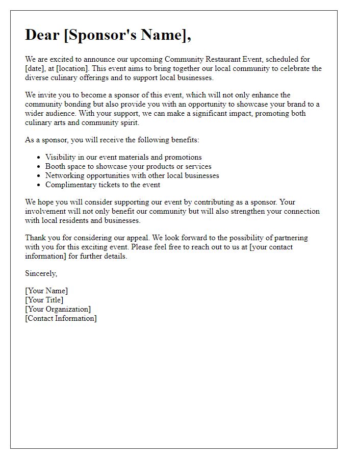 Letter template of sponsorship appeal for a community restaurant event.