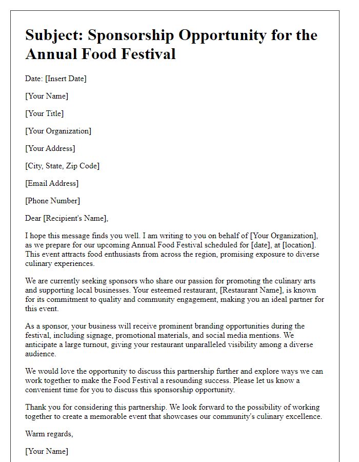 Letter template of sponsorship inquiry for a restaurant food festival.