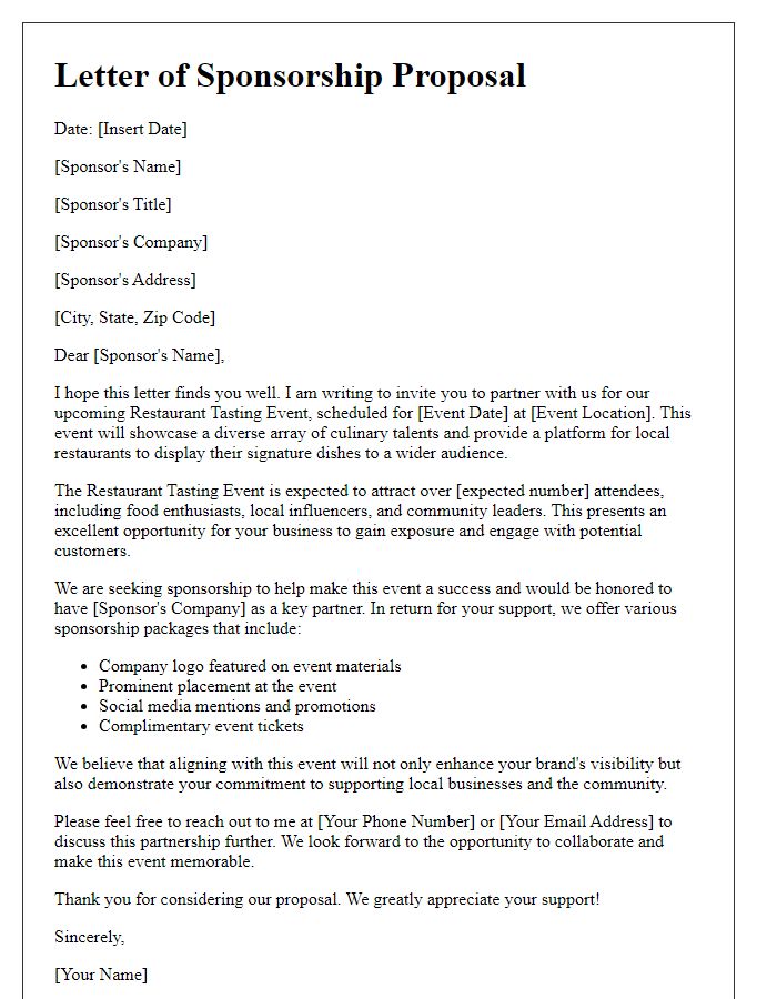 Letter template of sponsorship proposal for a restaurant tasting event.