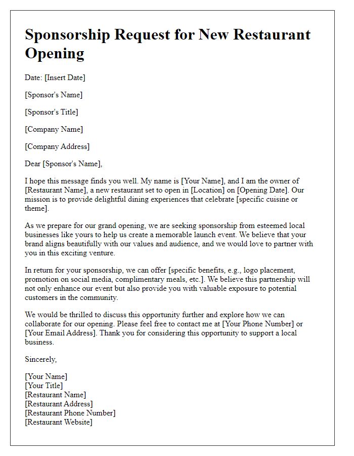 Letter template of sponsorship request for a new restaurant opening.