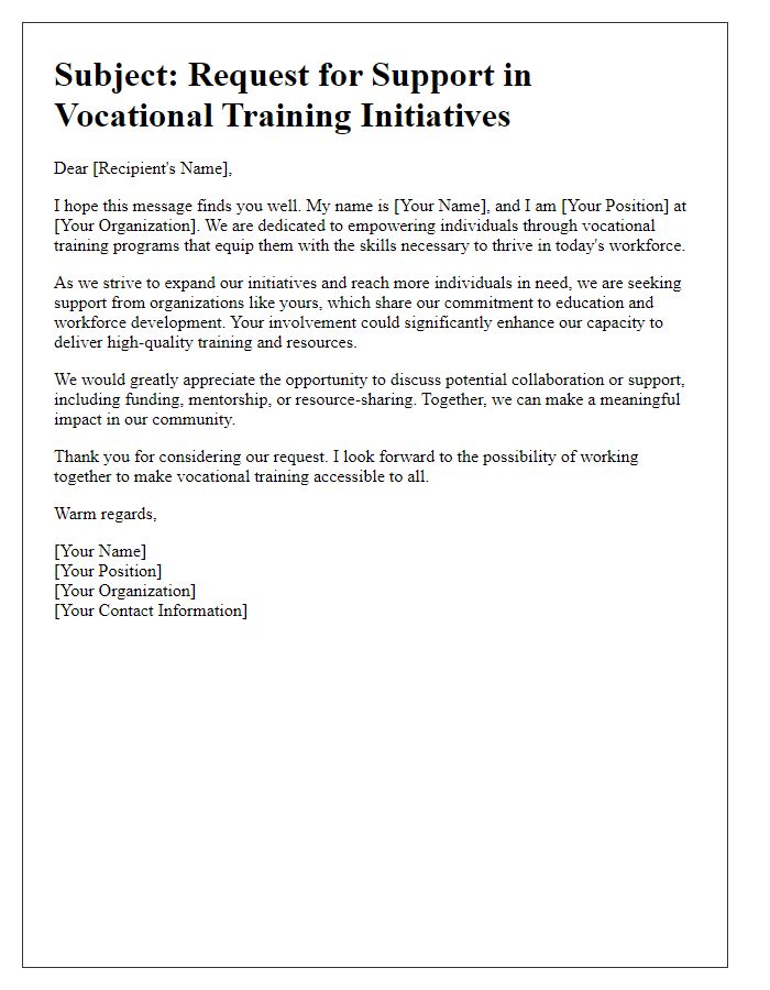 Letter template of outreach for support in vocational training initiatives.