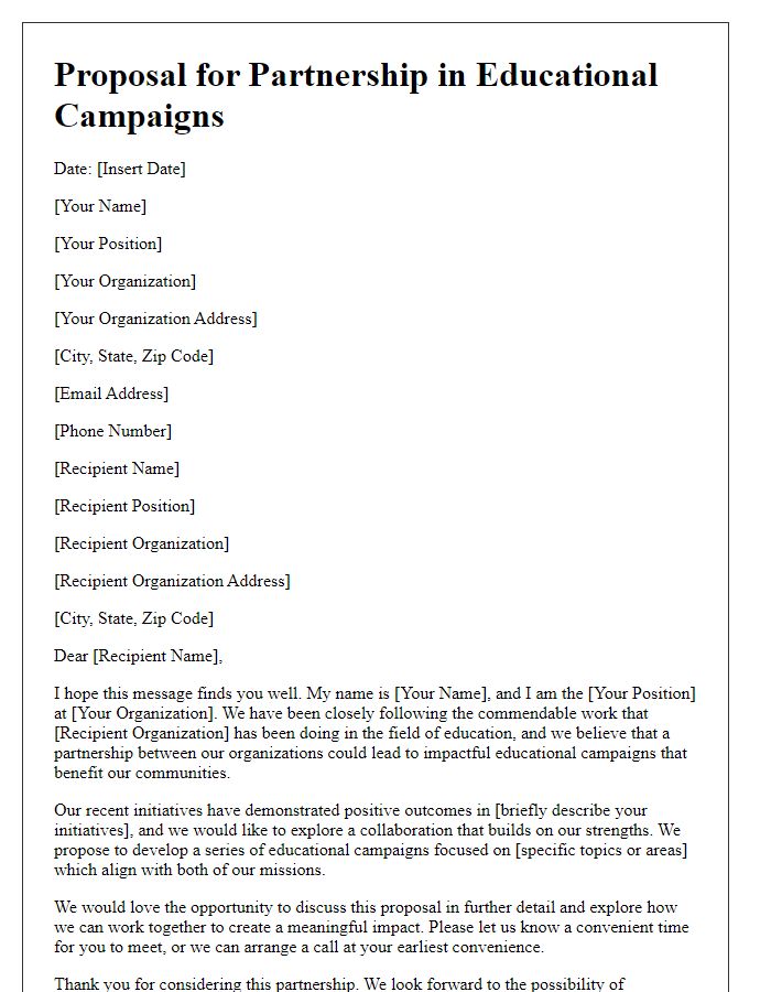 Letter template of proposal for partnership in educational campaigns.