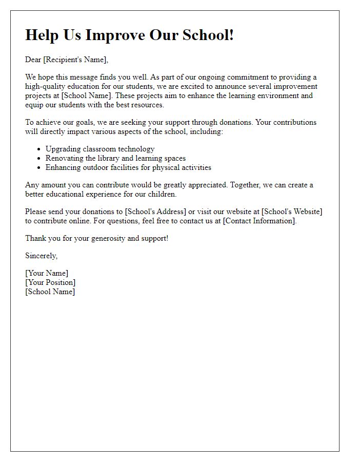 Letter template of solicitation for donations for school improvement projects.