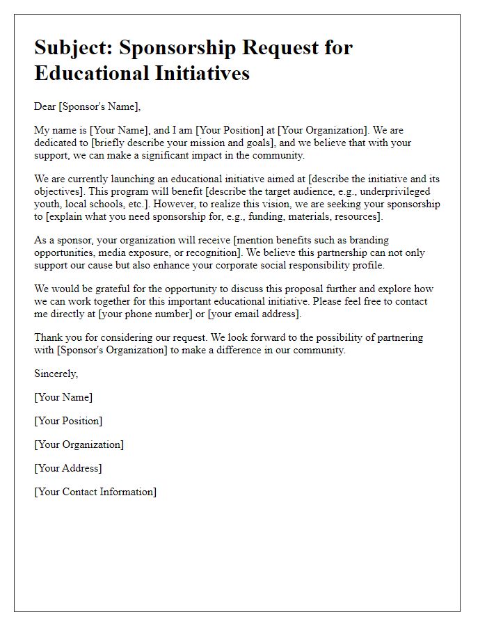 Letter template of sponsorship request for educational initiatives.