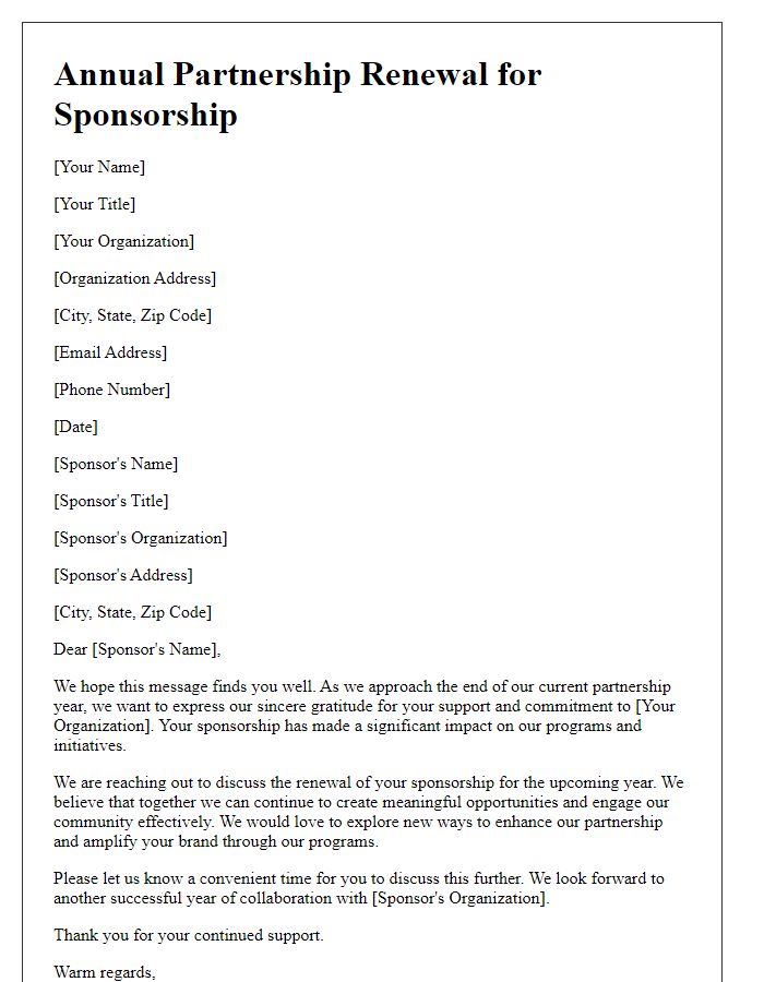 Letter template of Annual Partnership Renewal for Sponsorship