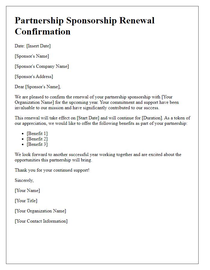 Letter template of Annual Partnership Sponsorship Renewal Confirmation