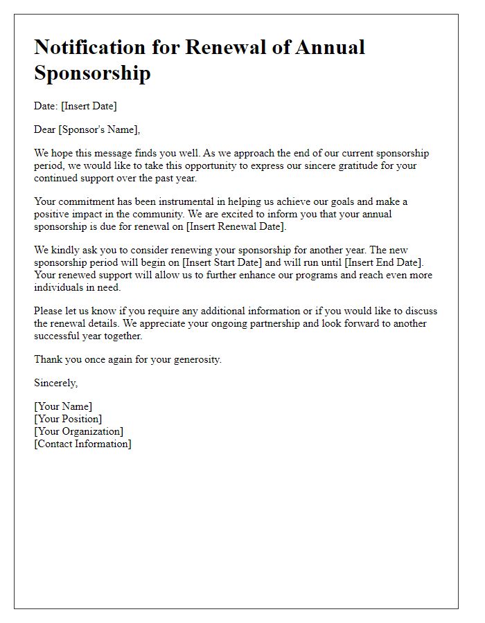 Letter template of Notification for Renewal of Annual Sponsorship