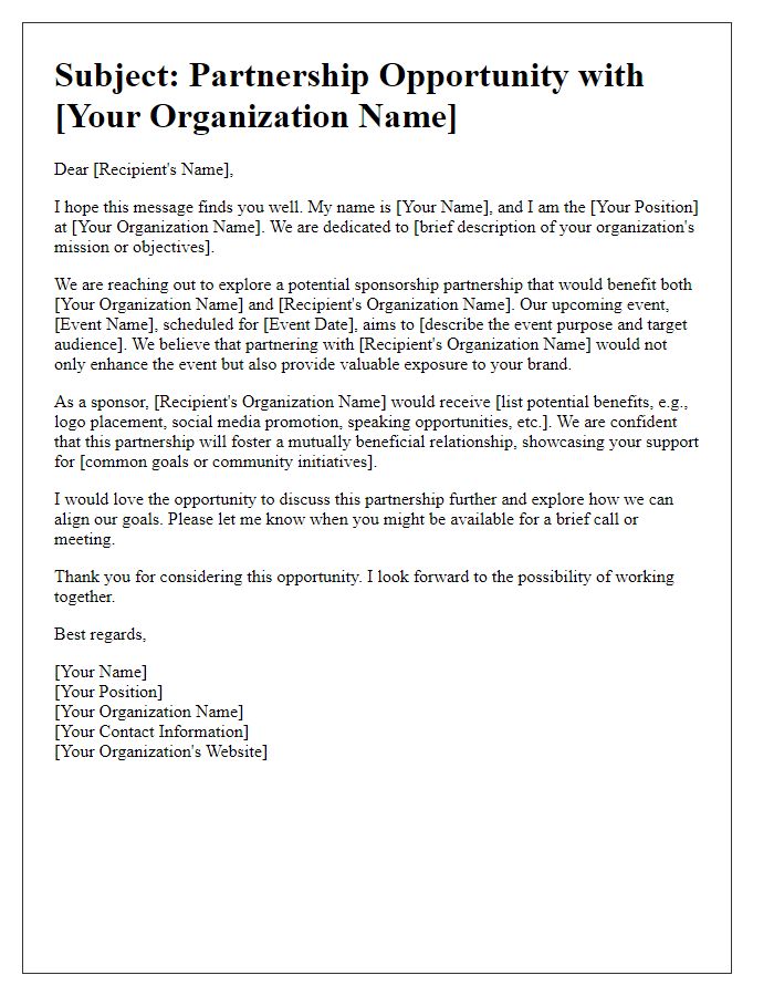 Letter template of outreach to secure sponsorship partnership