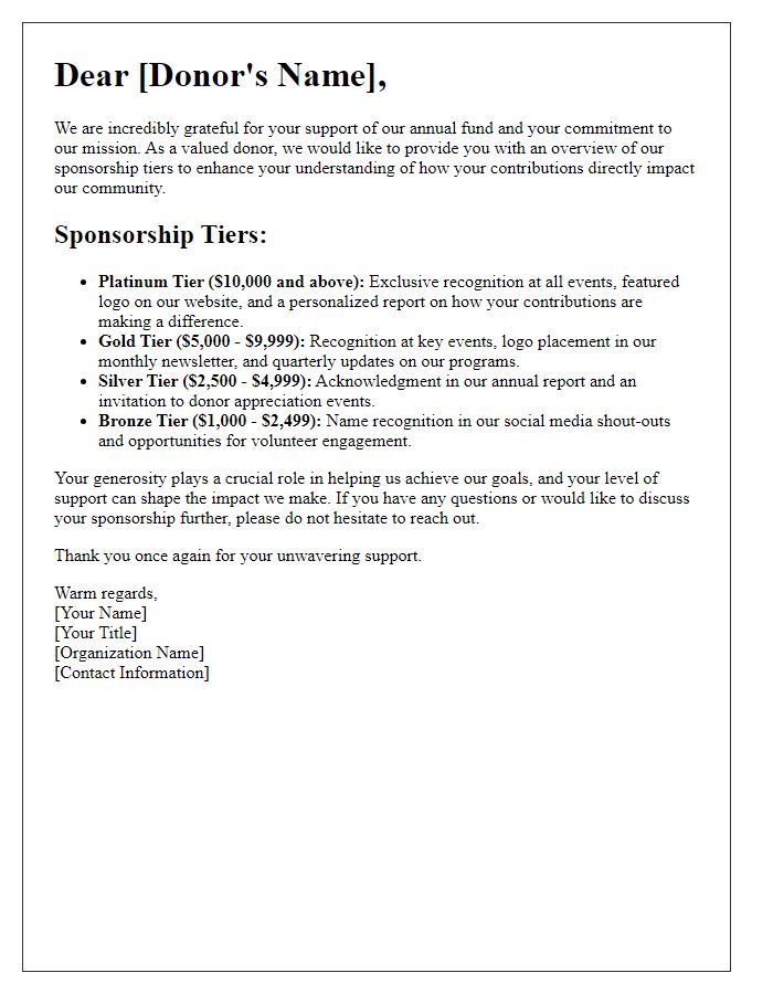 Letter template of sponsorship tier explanation for annual fund donors