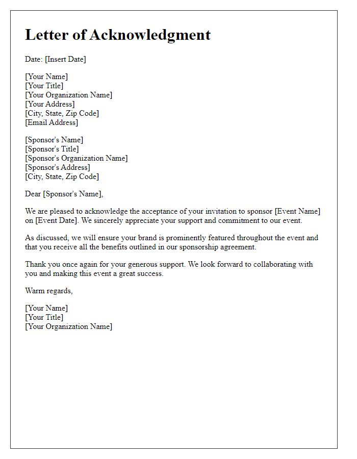 Letter template of acknowledging sponsor invite acceptance