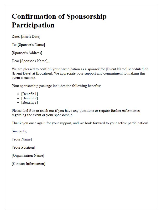 Letter template of confirming participation as a sponsor